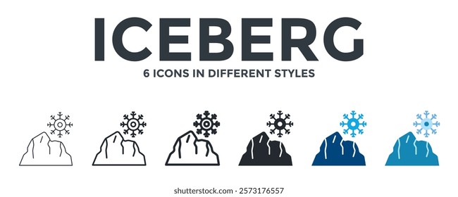 Iceberg Icon In Different Style Vector Illustration. Designed In Thin Line, Regular Line, Bold Line, Glyph, Color Fill, And Flat Style Can Be Used For Web