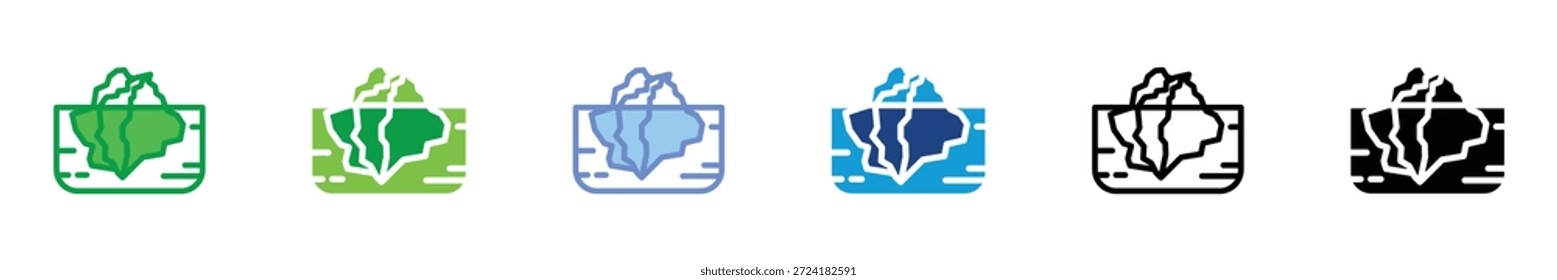 Ícone Iceberg Definido no Estilo de Estrutura de Tópicos Plana Representando Dados Ocultos, Risco e Conceito Submerso em Várias Variações de Cores