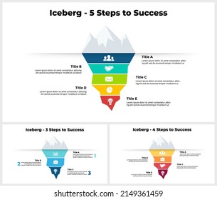 Iceberg infographic. 3, 4, 5 steps to success. Presentation slide template. Startup business. Analytics of the processes that led to a successful result. 