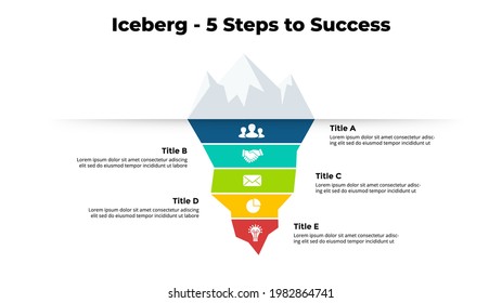 Iceberg infographic. Presentation slide template. Chart with 5 steps, processes. 