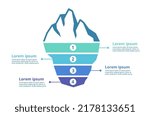 Iceberg infographic template. Hidden risks, layered or steps diagram with underwater iceberg part vector illustration. Different hidden stages for business, reports analytics presentation