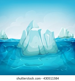 Iceberg Inside Ocean Landscape/
Illustration of a cartoon iceberg block floating on deep polar ocean, with water waves behind and blue sky background