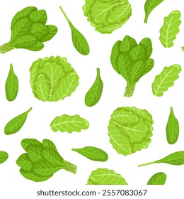 Iceberg lettuce and spinach vector seamless pattern. Fresh greenery image from the garden. Vegetarian food. Botanical illustration. Green leaves of herbs.