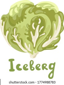 Leche de Iceberg. Ilustración orgánica de la comida vectorial linda. Es bueno para enseñarle a los niños el alfabeto inglés con objetos de vegetales de dibujos animados. Icono sabroso de col iceberg, concepto de comida saludable