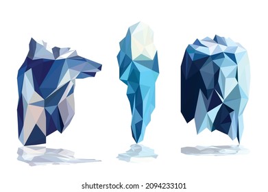 Iceberg bajo conjunto de iconos de poli vector, diseño de forma geométrica y triangular de polígonos, concepto de copo de nieve y océano submarino, arte vectorial e ilustración.