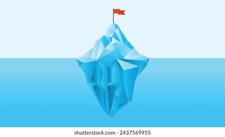 Iceberg mountaintop with flag on top - Business goal metaphor of tall ice berg in ocean landscape divided with half under water and above sea level. Flat design vector illustration in blue colours