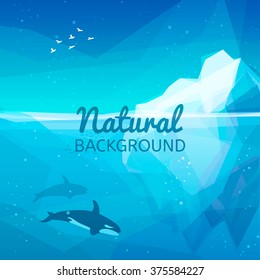 Iceberg nature background. Landscape of northern and Antarctic life - Iceberg in ocean and underwater world with different animals. Low polygon style illustrations. Underwater nature background