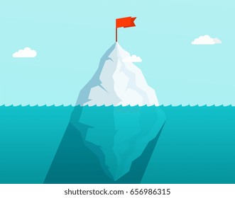 Iceberg in ocean floating in sea waves with red flag on top. Bus