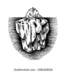 Iceberg in the ocean. A large piece of glacier floating in northern water. Engraved hand drawn vintage sketch for emblem, web logo, banner or t-shirt. Isolated illustration on a white background.