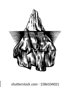 Iceberg in the ocean. A large piece of glacier floating in northern water. Engraved hand drawn vintage sketch for emblem, web logo, banner or t-shirt. Isolated illustration on a white background.