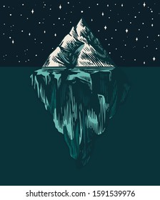 Iceberg in the ocean. A large piece of glacier floating in northern water. Engraved hand drawn vintage sketch for emblem, web logo, t-shirt. Isolated illustration for Poster, banner or cards.