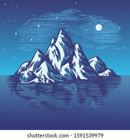 Iceberg in the ocean. A large piece of glacier floating in northern water. Engraved hand drawn vintage sketch for emblem, web logo, t-shirt. Isolated illustration for Poster, banner or cards.