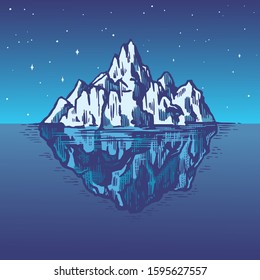 Iceberg in the ocean. A large piece of glacier floating in northern water. Engraved hand drawn vintage sketch for emblem, web logo, t-shirt. Isolated illustration for Poster, banner or cards.