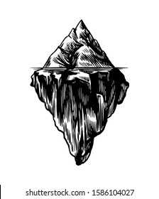 Iceberg in the ocean. A large piece of a mountain glacier floating in northern water. Engraved hand drawn vintage sketch for emblem, web logo, banner or t-shirt. Isolated illustration.