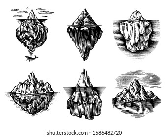 Iceberg in the ocean Set. A large piece of a mountain glacier floating in northern water. Engraved hand drawn vintage sketch for emblem, web logo, banner or t-shirt. Isolated illustration.