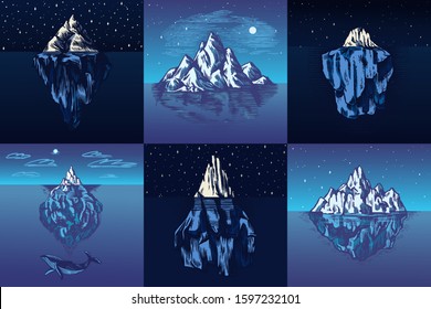 Iceberg in the ocean Set. A large piece of a mountain glacier floating in northern water. Engraved hand drawn vintage sketch for emblem, web logo, banner or t-shirt. Isolated illustration.