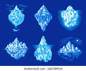Iceberg in the ocean Set. A large piece of a mountain glacier floating in northern water. Engraved hand drawn vintage sketch for emblem, web logo, banner or t-shirt. Isolated illustration.