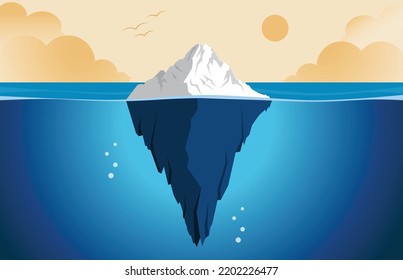 Iceberg. iceberg in the ocean with sunset and birds in the sky