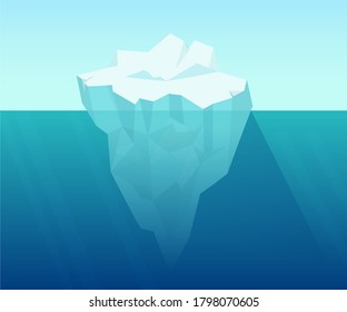 Iceberg in ocean. Underwater block of ice floating from arctic cold compressed snow global climate warming northern water landscape huge white polygon on blue background vector water.