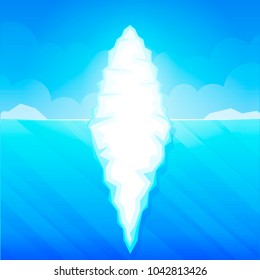 Iceberg in ocean water vector illustration, big iceberg floating in sea waves with huge underwater 