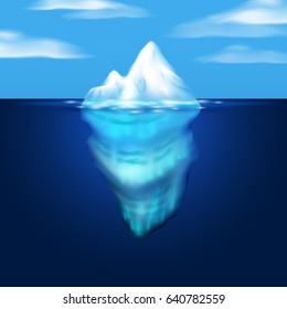 Iceberg on background of blue sky. Block of ice in the sea. Vector illustration.