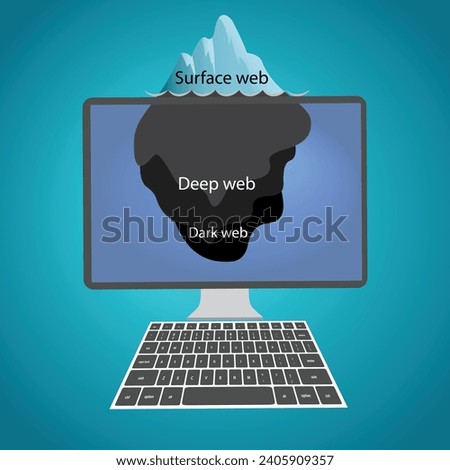 Iceberg on a computer, concept of surface web, deep web and dark web