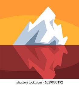 Iceberg over and under the water, Antarctic iceberg floating vector Illustration on an orange background