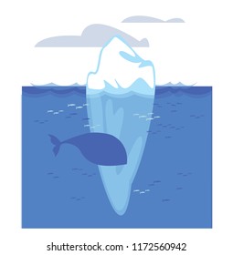 Iceberg. The part is hidden under water and a smaller part above the water. Whale and fish swim around. Vector isolated illustration on white background.