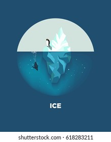 Iceberg mit Pinguinen, rundem Logo auf blauem Hintergrund