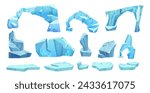 Iceberg piece and arch floating. Cartoon vector illustration set of blue ice and snow glacier mountain cube. Collection of floe for northern pole landscape design. Arctic frozen crystal water block.