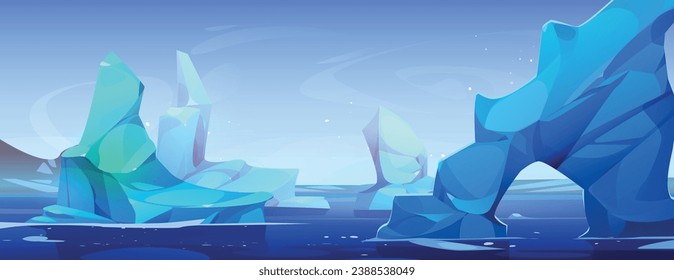 Iceberg pieces floating on sea water. Vector cartoon illustration of antarctic seascape, blue ice blocks and arch floes above cold ocean surface, north pole glacier, winter game landscape design