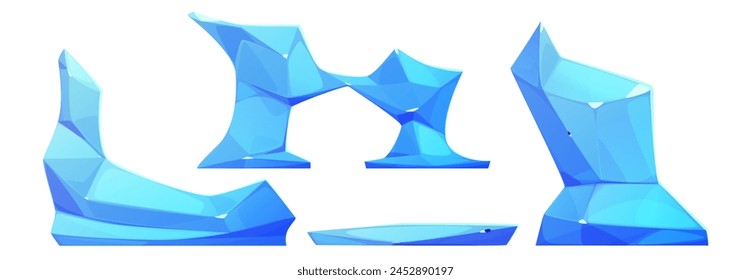 Piezas de Iceberg conjunto aislado sobre fondo blanco. Ilustración de dibujos animados de Vector de forma abstracta bloques de hielo azul y arco, Elementos de diseño de paisaje antártico, Mountain gracier, fragmentos de río