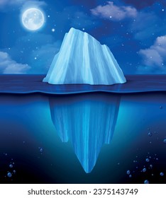 Iceberg realistic composition with glacier in cold sea night water landscape vector illustration