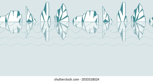 Iceberg sea horizontal border repeat print fabric winter background design with transparent water reflections. Vector illustration. Surface pattern design. Great for card design, clothing and home