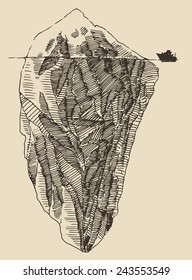 Iceberg with ship vintage engraved illustration, hand drawn, sketch