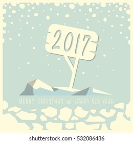 Iceberg with a sign and numbers two, zero, one and seven on it. Under the iceberg ice and the phrase merry Christmas and happy new year.