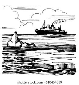 Iceberg sketch hand-drawn, cartoon landscape. The icebreaker sails on the horizon. Graphic black and white illustration.