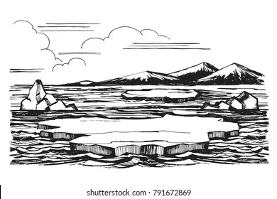 Iceberg sketch of a hand-drawn cartoon landscape in Antarctica. Ice floes against a background of snow-capped mountains illustration.