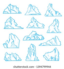 Iceberg sketch set, north climate and environment. Large floating mass of ice detached from a glacier. Vector line art iceberg  illustration on white background