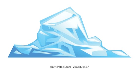 Iceberg with smooth angles and reflective blue surface, icy mountains with snow. South and North Pole. Vector cartoon illustration