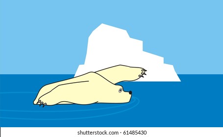 Iceberg and swimming polar white bear