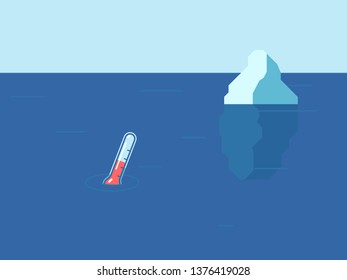 Iceberg and thermometer in the ocean. Ecological concept. Global warming on the planet. Vector illustration in flat style.