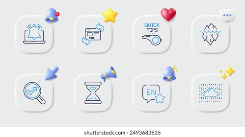 Iceberg, Tutorials and English line icons. Buttons with 3d bell, chat speech, cursor. Pack of Refresh website, Cloud system, Time icon. Reminder, Analytics pictogram. For web app, printing. Vector