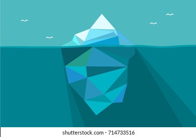 Iceberg under water and above water. Vector illustration in low poly polygon style. Concept image.