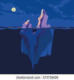 Iceberg underwater and above water at night in the moonlight. Vector illustration