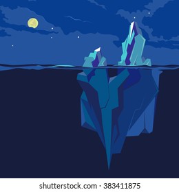 Iceberg underwater and above water at night in the moonlight. Vector illustration