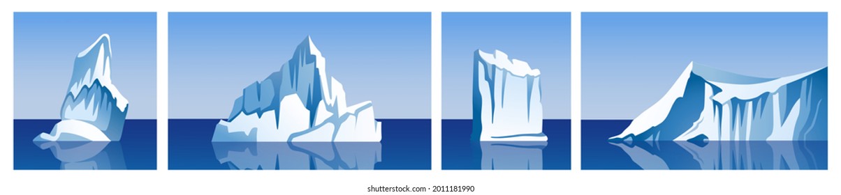 Colección vectorial Iceberg. Conjunto de glaciares, bloques de hielo, flote de hielo, montañas. Polo Ártico, Antártico y Norte. Elementos paisajísticos. Ilustraciones vectoriales de dibujos animados.