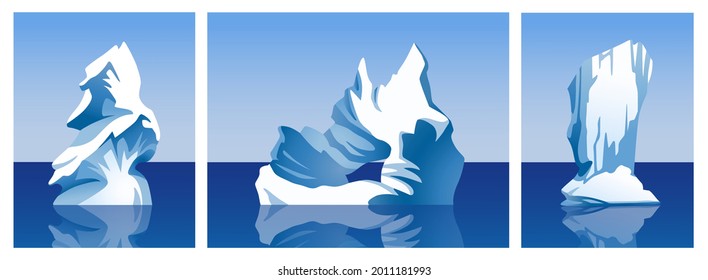 Colección vectorial Iceberg. Conjunto de glaciares, bloques de hielo, flote de hielo, montañas. Polo Ártico, Antártico y Norte. Elementos paisajísticos. Ilustraciones vectoriales de dibujos animados.
