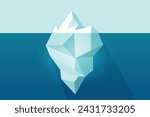 Iceberg vector floating on sea ocean water graphic illustration, glacier tip and underwater part flat cartoon design, large ice rock mountain geometric polygon style image clipart modern