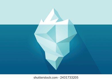 Iceberg vector floating on sea ocean water graphic illustration, glacier tip and underwater part flat cartoon design, large ice rock mountain geometric polygon style image clipart modern